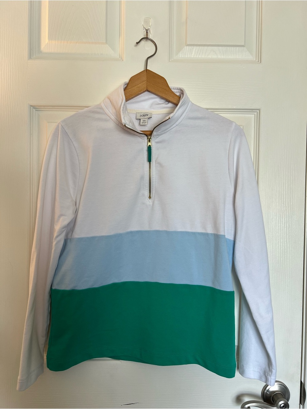 J. Crew White, Light Blue & Green Colorblock Quarter-Zip Sweatshirt